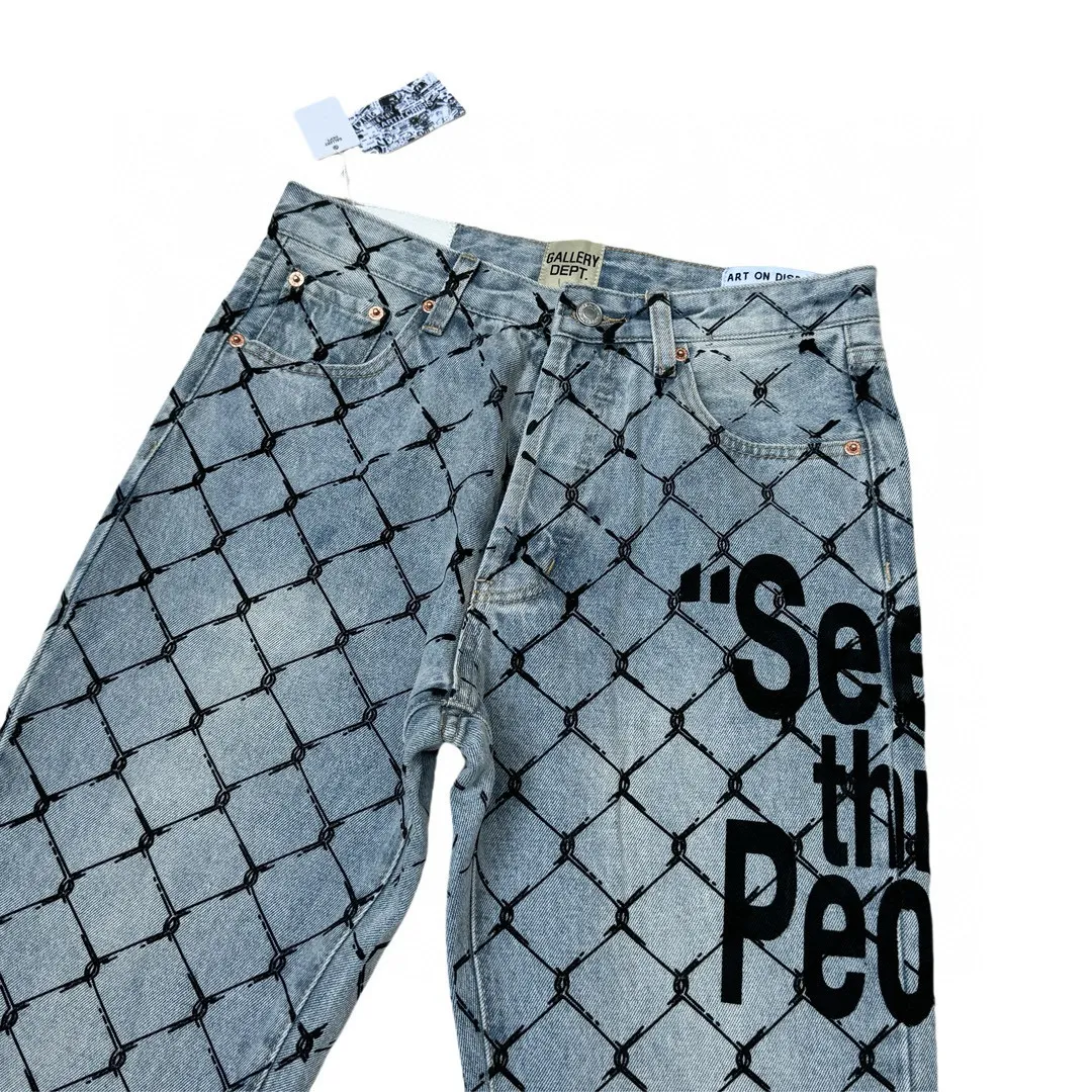 -Size upper body P240#G786 GALLERY DEPT. Steel mesh letter printed slim jeans jeans casual group trendy American slim men's and women's trousers Color: blue Size: S-XXL (corresponding to 28-36)